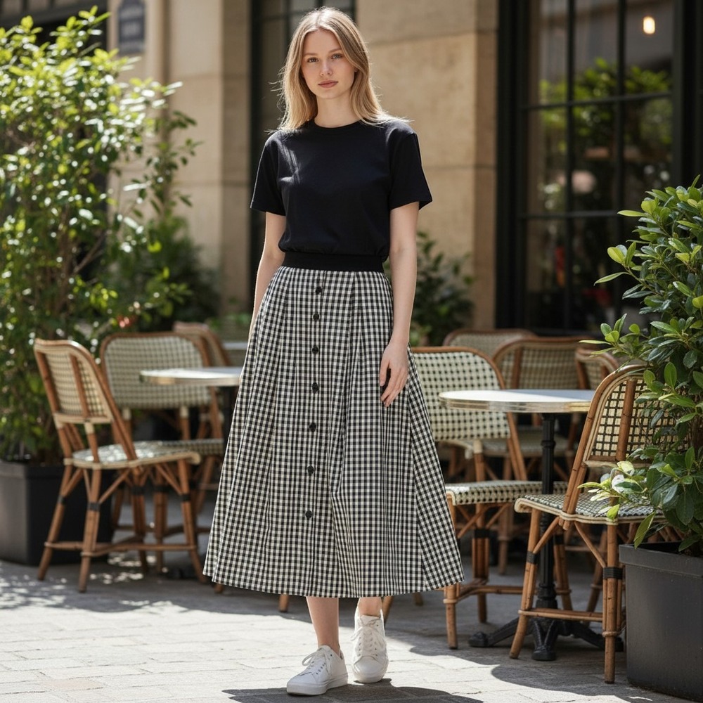 Susan Bristol Gingham Midi Skirt Womens 8 Black White Velvet Trim Vintage 2573